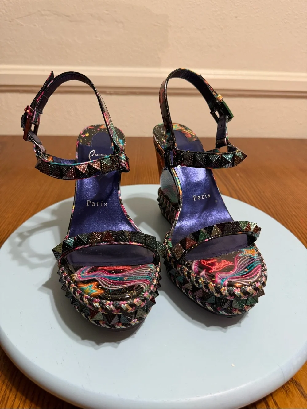 Christian Louboutin Black Multicolor Embellished Platform Wedge Sandals